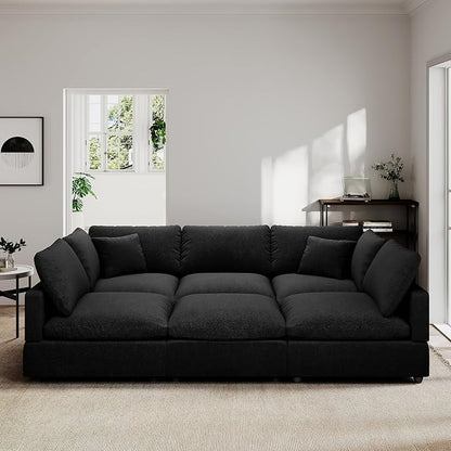 Linen Sleeper Sofa Bed,Modern Sectional Sofa Couch for Living Room,95.4 Inch Cloud Couches Cushion Covers Removable,Cozy Feather Down Sofa for Apartment Black