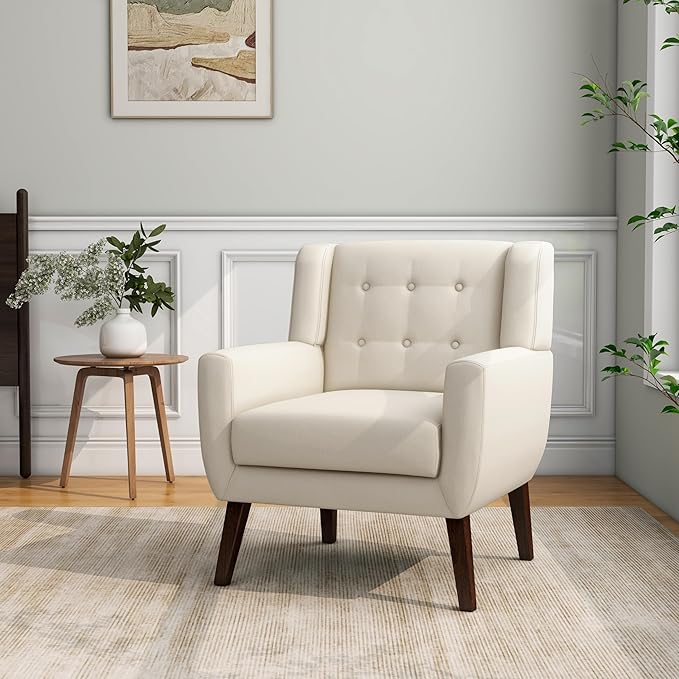 Accent Chair, Mid-Century Modern Fabric Chairs with Arms for Living Room, Comfy Upholstered Club Single Sofa Armchair for Bedroom Waiting Room with Solid Wood Frame (Fabric White, Set of 2)