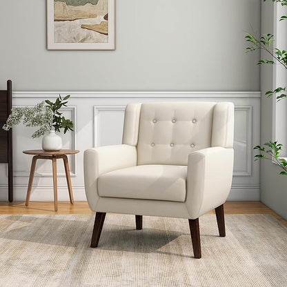 Accent Chair, Mid-Century Modern Fabric Chairs with Arms for Living Room, Comfy Upholstered Club Single Sofa Armchair for Bedroom Waiting Room with Solid Wood Frame (Fabric White, Set of 2)