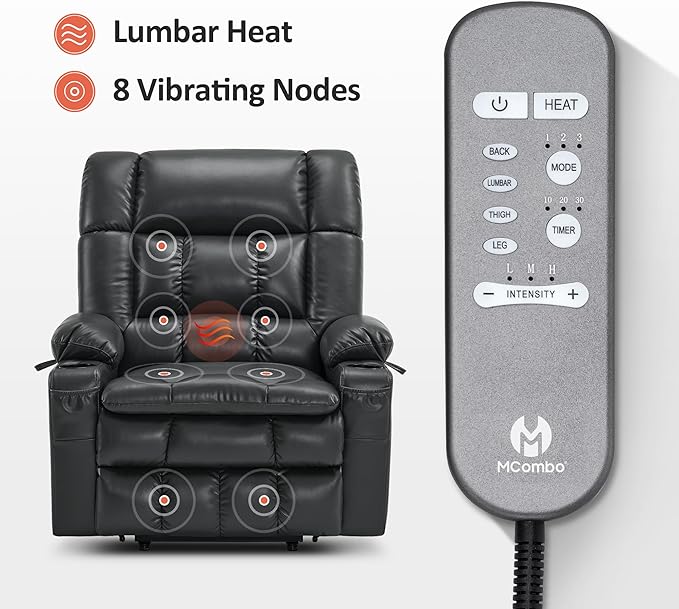 MCombo Dual Motor Power Lift Recliner Chair for Elderly, Lay Flat Lift Chair with Heat and Massage, Oversized Lift Recliner for Big and Tall, Faux Leather R7891 (Black, Oversized)