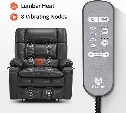 MCombo Dual Motor Power Lift Recliner Chair for Elderly, Lay Flat Lift Chair with Heat and Massage, Oversized Lift Recliner for Big and Tall, Faux Leather R7891 (Black, Oversized)