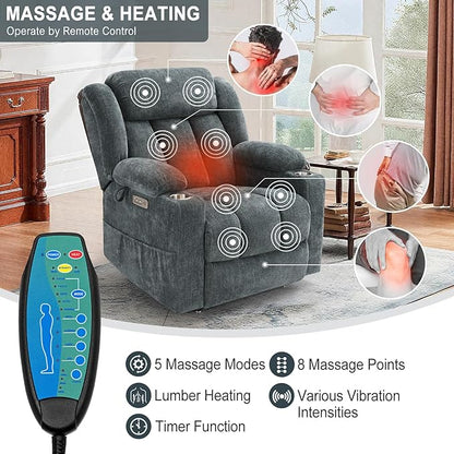Large Power Lift Recliner Chair, Heavy Duty Steel Mechanism Chenille Fabric High-Density Sponge, USB & Type-C Port Standing Assistance Blue Reclining Chair with Massage and Heat