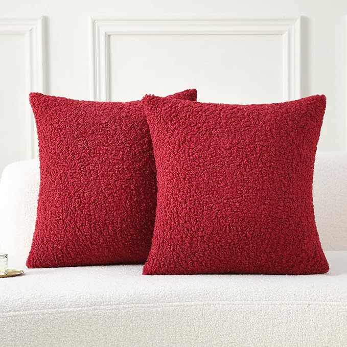 FUTEI Christmas Red Maroon Throw Pillow Covers 20x20 Inch Set of 2,Furry Faux Fur Teddy Boucle Textured Cushion Covers,Soft Fluffy Decorative Pillow Case,Home Decor for Couch Bed Living Room Car