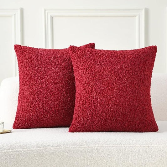 FUTEI Christmas Red Maroon Throw Pillow Covers 20x20 Inch Set of 2,Furry Faux Fur Teddy Boucle Textured Cushion Covers,Soft Fluffy Decorative Pillow Case,Home Decor for Couch Bed Living Room Car