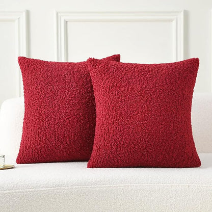 FUTEI Christmas Maroon Red Throw Pillow Covers 24x24 Inch Set of 2,Furry Faux Fur Teddy Boucle Textured Cushion Covers,Soft Fluffy European Pillow Shams,Home Decor for Couch Bed Living Room Car