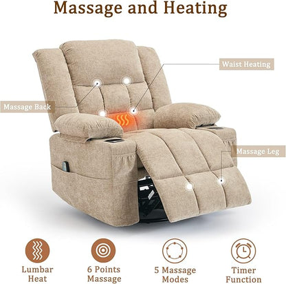 360° Rotating Adult Rocking Recliner, Baby Room Glider with Massage and Heating Functions, Rocking Chair with Cup Holder, Manual Recliner for Living and Bedroom (Fabric, Khaki)