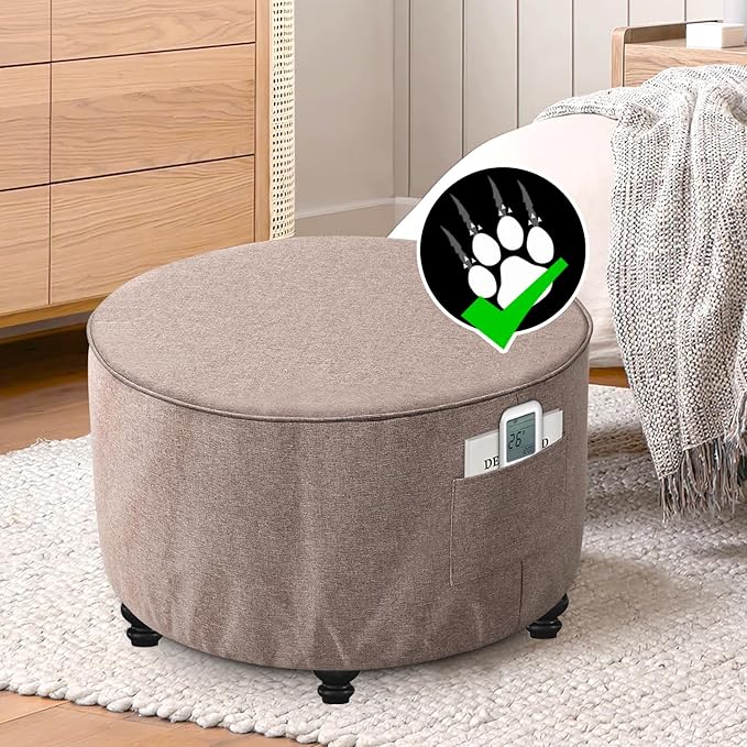 H.VERSAILTEX Round Ottoman Cover Thick Linen Look Ottoman Slipcover Round Ottoman Storage Cover Folding Stool Covers Furniture Protector Cover for Footrest Ottoman Fit Dia 24" - 26", Heather Taupe