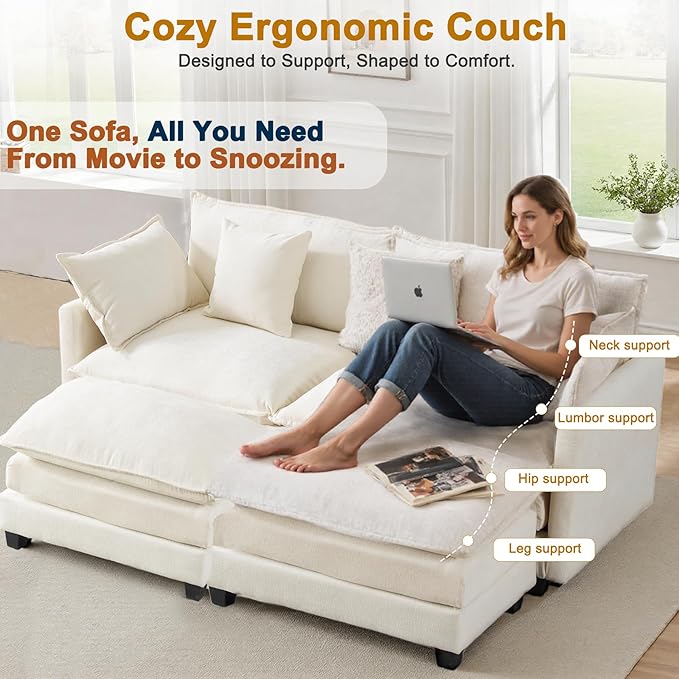 Expandable L-Shaped Sectional Sofa with Ottoman for Apartments, 77" Cloud Chenille Sofa, Create a U-Shape Layout with Optional 2nd Ottoman, Solid Wood Frame, Easy Assembly