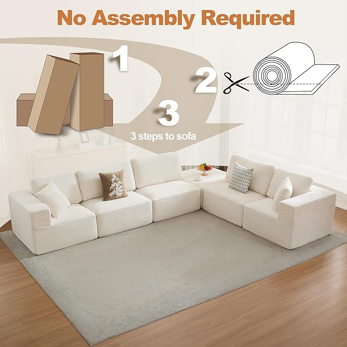 Cloud Modular Sectional Sofa Couch,L-Shape Modern Boneless Sectional Couch with Deep Seat,Upholstered Couches for Living Room Bedroom,No Assembly Required,Beige