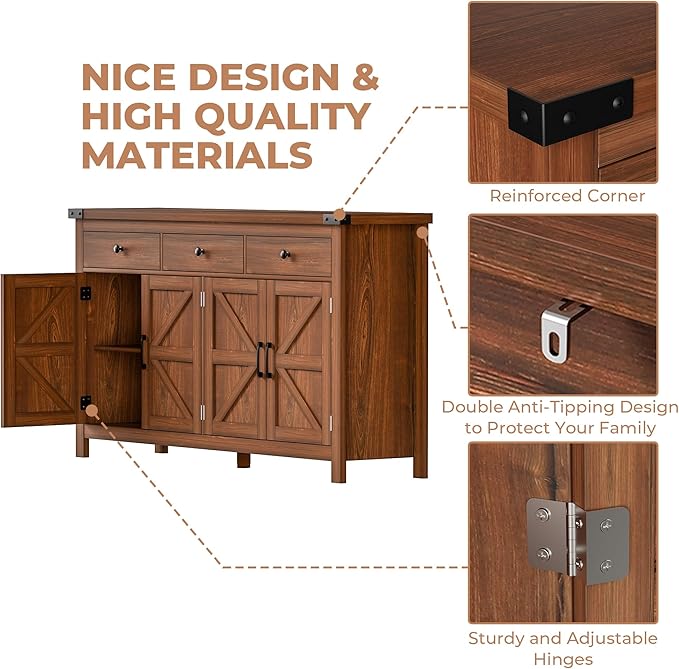 63" Sideboard Buffet Cabinet with Storage, Coffee Bar with 3 Drawers and 4 Barn Doors, Long Wider Storage Cabinet Modern Farmhouse, Cherry Wood, for Kitchen, Dining Room, Living Room