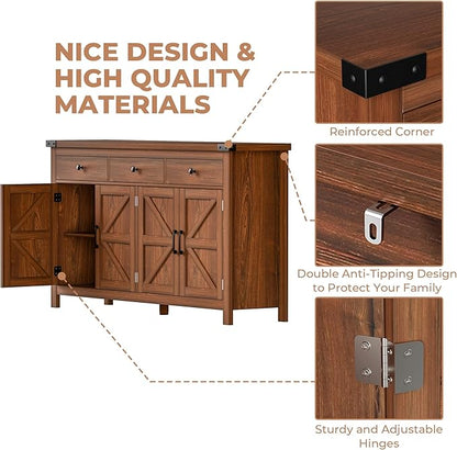 63" Sideboard Buffet Cabinet with Storage, Coffee Bar with 3 Drawers and 4 Barn Doors, Long Wider Storage Cabinet Modern Farmhouse, Cherry Wood, for Kitchen, Dining Room, Living Room