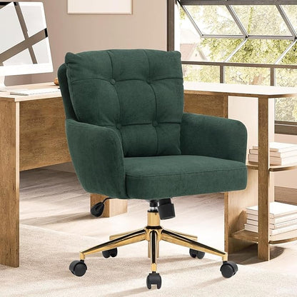 Plush Fabric Office Chair, Comfy Home Office Desk Chairs with Lumbar Support, Modern Plush Fabric Desk Chair Gold Legs Swivel Task Chair for Home Office, Bedroom, Study, Green Upgraded Version