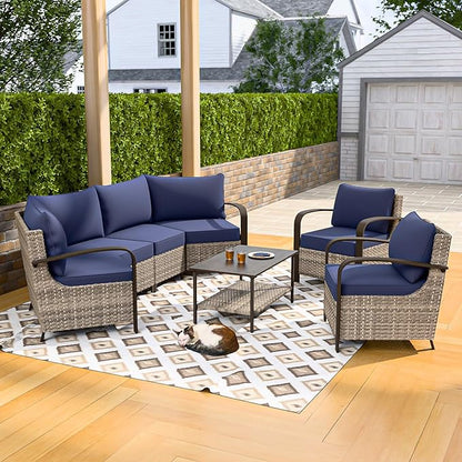COOS BAY Aurora Terrace Half-Moon Outdoor Furniture Set, Rattan Conversation Set with Patio Chairs, Curved 4-Seat Sofa, Coffee Table, Seats 6, Beige/Blue
