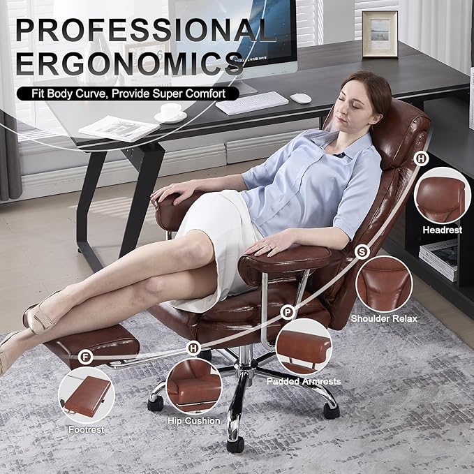Big and Tall Office Chair, Executive Home Office Desk Chair, Comfy Leather High-Back Reclining Computer Chair with Retractable Footrest and Padded Arms, 360°Swivel Rolling Wheels, Wide Seat, Brown