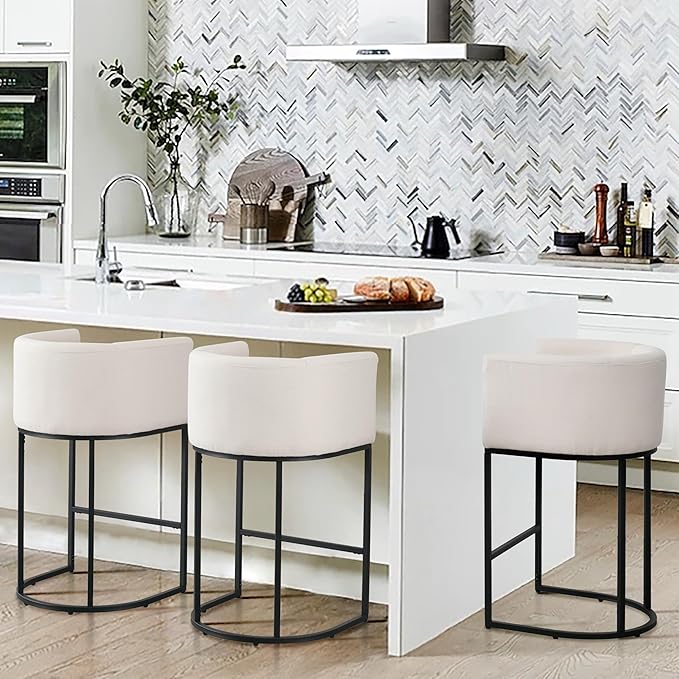 Contemporary Cream Linen Bar Stools Set of 3, 32" Upholstered Fabric Counter Height Bar Stools Kitchen Counter Island Stools with Black Metal Base