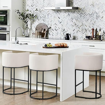 Contemporary Cream Linen Bar Stools Set of 3, 32" Upholstered Fabric Counter Height Bar Stools Kitchen Counter Island Stools with Black Metal Base