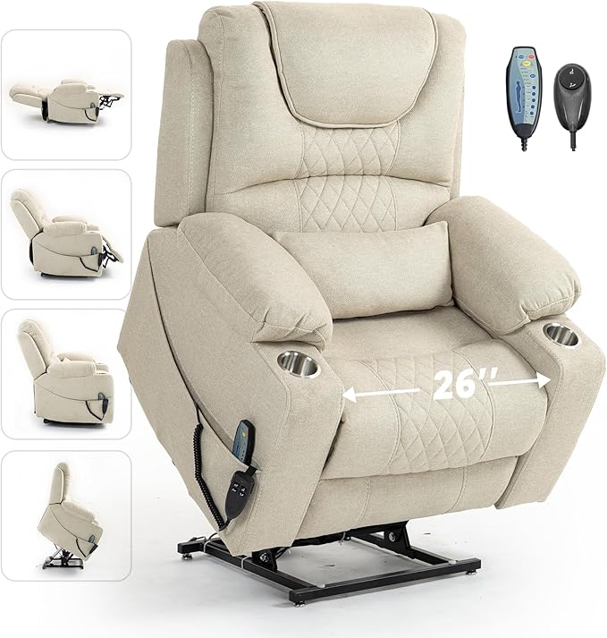 25''Oversized Recliner Chair/Lift Chair, Power Lift Recliner Chair for Elderly, Electric Recliner Chairs for Adults with Massage and Heat, Double Motor Lay Flat Recliner with Cup Holder, Side Pocket