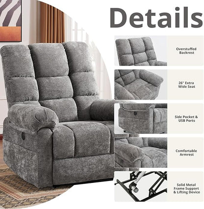 Oversized Power Lift Recliner Chair for Elderly, Electric Lift Chair with Masssage and Heat, Overstuffed Power Recliner for Adults, 3 Positions,USB Ports, Side Pockets,Grey