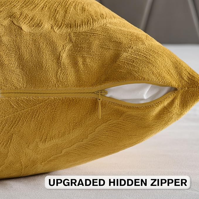 FUTEI Golden Yellow Velvet Throw Pillow Covers 12x20 Inch Set of 2,Soft Embossed Leaf-Relief Textured Lumbar Pillow Cases,Natural Home Decor for Couch Living Room