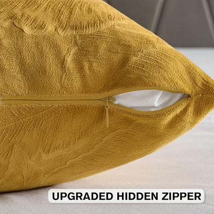 FUTEI Golden Yellow Velvet Throw Pillow Covers 18x18 Inch Set of 2,Soft Embossed Leaf-Relief Textured Cushion Cases,Natural Home Decor for Couch Living Room