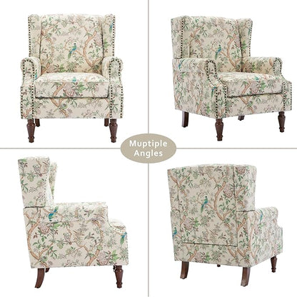Lumibee High Back Accent Chair, Armchair in Fabric,Comfy Upholstered Wingback Single Sofa Reading Chair with Solid Wood Legs for Living Room,Bedroom,Office-Bird