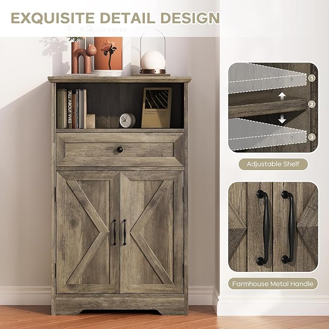 Floor Cabinet, Farmhouse Storage Cabinet with Barn Doors and Drawer, 11.81" D x 23.62" W x 39.37" H Grey Freestanding Adjustable Shelf Organizer for Bathroom, Kitchen, Living Room