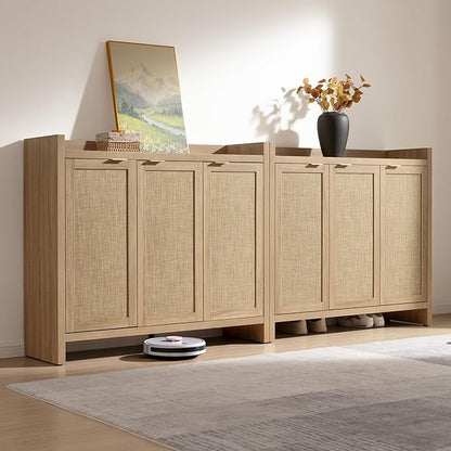 SICOTAS Shoe Storage Cabinet, 30 Pairs Rattan Shoe Cabinet Storage for Entryway, 6-Tier 41" Tall Large Shoe Cabinet, Boho Farmhouse Cabinet with Doors for Entryway Hallway Living Room, Light Oak