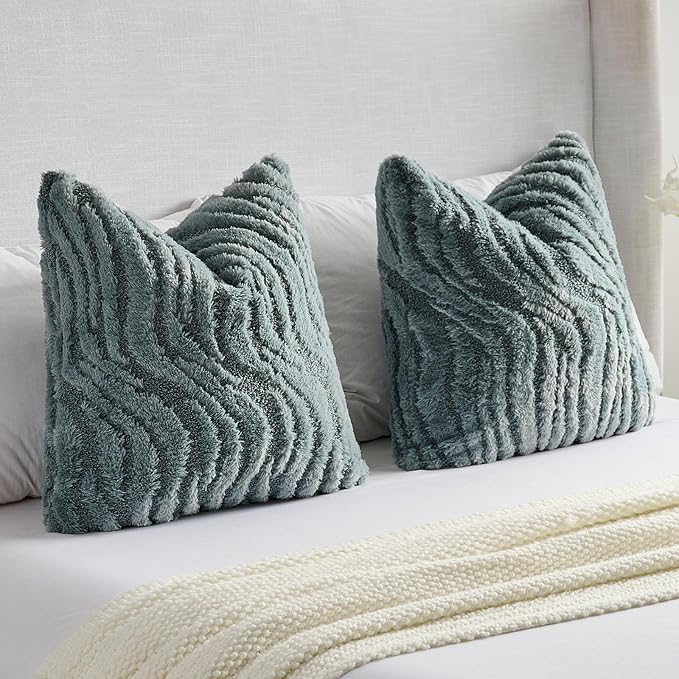 FUTEI Blue Decorative Throw Pillow Covers 18x18 Inch Set of 2,Soft Faux Fur Geometric Shapes Texture Cushion Case,Boho Home Decor for Couch Bed Living Room
