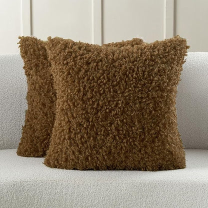 FUTEI Brown Decorative Throw Pillow Covers 26x26 Inch Set of 2,Soft Fluffy Faux Wool Fur Boucle Textured Pillow Shams,Modern Home Decor for Couch Bed Living Room Office