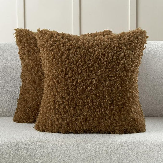 FUTEI Brown Decorative Throw Pillow Covers 18x18 Inch Set of 2,Soft Fluffy Faux Wool Fur Boucle Textured Cushion Case,Modern Home Decor for Couch Bed Living Room Office