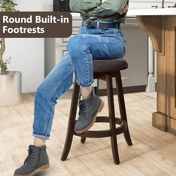 COSTWAY 24-Inch Swivel Bar Stools Set of 2, Upholstered Barstools w/PU Leather Seat & Solid Rubber Wood Legs, Mid-Century Backless Round Counter Height Stools w/Footrest for Kitchen Home Bar