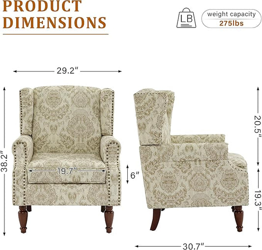Wingback Accent Chairs Set of 2, High Back Upholstered Armchair, Printed Fabric Wingback Arms Chairs with Wood Legs, Single Sofa Reading Chair for Bedroom Living Room, White