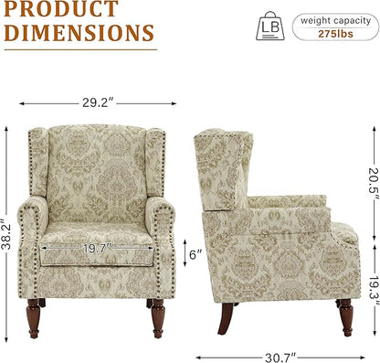 Wingback Accent Chair, High Back Upholstered Armchair, Printed Fabric Wingback Arms Chairs with Wood Legs, Single Sofa Reading Chair for Bedroom Living Room, White