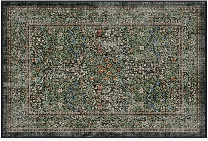 RUGGABLE x Morris & Co Washable Area Rug– Blackthorn Forest Green 2x3, Stain-Resistant, Non-Slip – Small Machine Washable Rugs for Living Room, Bedroom, Hallway, Entryway & Bathroom–with Standard Pad