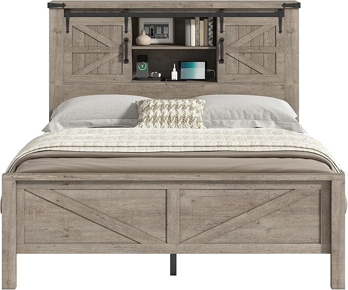 AMERLIFE Farmhouse Full Bed Frame with Storage Headboard & Charging Station, Rustic Wood Platform Bed with Barn Door Bookcase, No Box Spring Needed, Light Grey Bedroom Furniture