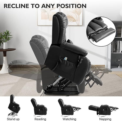 EDILLY Extra Large Power Lift Recliner Chairs for Elderly,Infinite Position Lay Flat Dual Motor Recliners Chair, with Heating and Massage, Breathable Leather,USB Ports and Remote Control(Black)