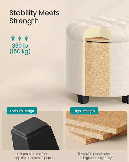 SONGMICS Round Ottoman, Ottoman with Storage, 17.7 x 17.7 x 17.5 Inches, Foot Rest with Legs, Velvet, Load up to 330 lb, for Living Room, Bedroom, Cream White ULOM012W01