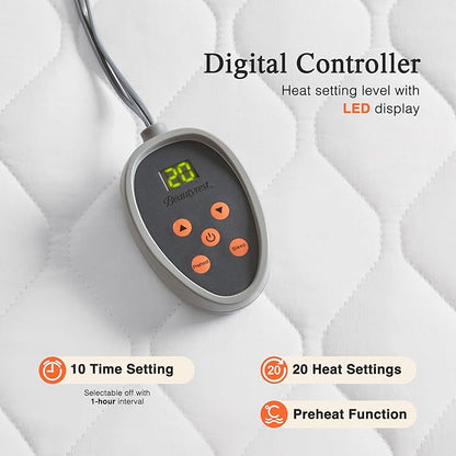 Beautyrest Cotton Heated Mattress Pad - Bed Warmer with 20 Heat Settings Controller, Auto Shut Off Timer, All Around Elastic Deep Pocket, UL Certified, Machine Washable, White Twin XL