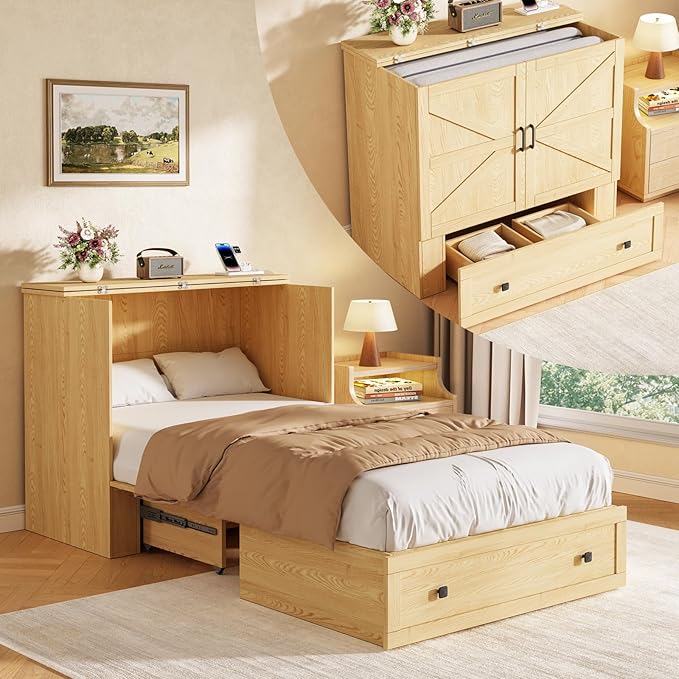 Murphy Bed with Built-in Charging Station, Space-Saving Murphy Bed Chest Twin with Drawer, Foldable, for Home Office Guest Room Bedroom,Natural