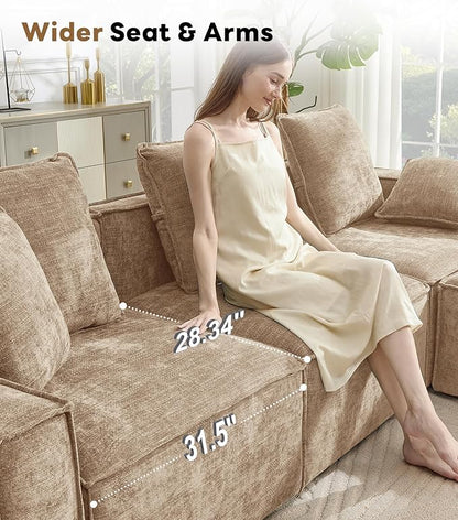 WILLOVE 141'' Modular Sectional Sofa, Chenille Cloud Couch with Wide Armrests & 6 Pillows, Deep Seat Couches for Living Room, Khaki