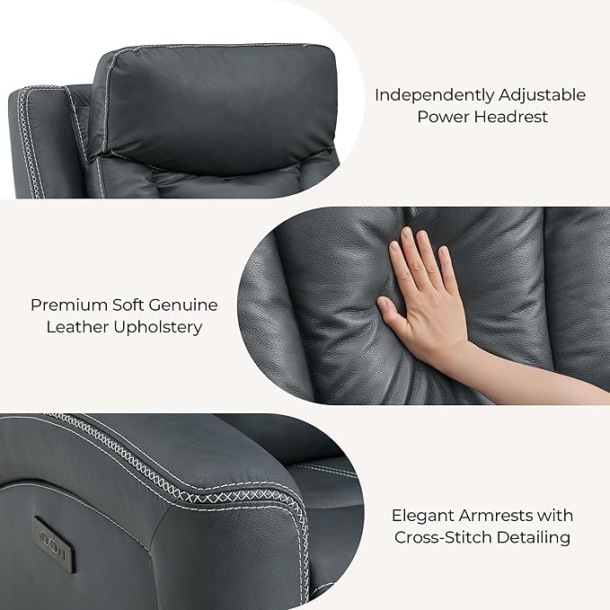 CHITA Genuine Leather Power Recliner Chair for Adults, Super Zero Gravity Recliner with Adjustable Power Headrest & USB/Type-C Ports, for Living Room, Bedroom & Home Theater, Navy Blue