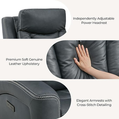 CHITA Genuine Leather Power Recliner Chair for Adults, Super Zero Gravity Recliner with Adjustable Power Headrest & USB/Type-C Ports, for Living Room, Bedroom & Home Theater, Navy Blue