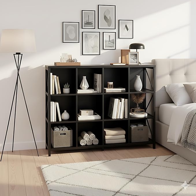 12 Cube Storage Organizer Bookshelf, Industrial Horizontal Bookcase, Accent Cubby Shelf, Corner Bookcase for Living Room, Home Office, 11.8" D x 47.6" W x 38.2" H, Black
