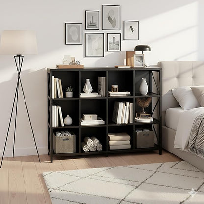 12 Cube Storage Organizer Bookshelf, Industrial Horizontal Bookcase, Accent Cubby Shelf, Corner Bookcase for Living Room, Home Office, 11.8" D x 47.6" W x 38.2" H, Black
