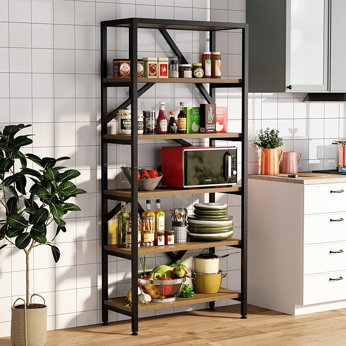 Tribesigns 71 Inch Industrial Bookshelf, 6 Shelf Etagere Bookcase, Free Standing Open Book Shelves Storage Display Shelf, Wood Shelving Units Organizer Rack for Home Office Living Room, Black and Wood