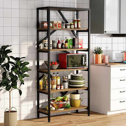 Tribesigns 71 Inch Industrial Bookshelf, 6 Shelf Etagere Bookcase, Free Standing Open Book Shelves Storage Display Shelf, Wood Shelving Units Organizer Rack for Home Office Living Room, Black and Wood
