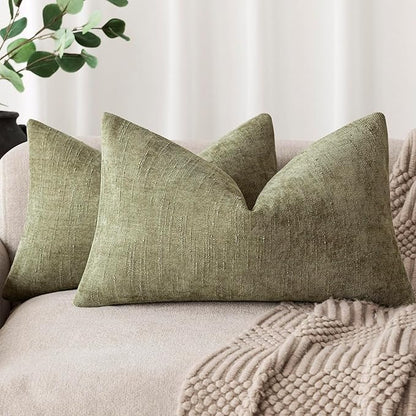 Foindtower Pack of 2 Textured Chenille Throw Decorative Pillow Covers Square Accent Solid Cushion Cover Neutral Farmhouse Lumbar Pillow Case for Couch Sofa Bedroom Living Room 12x24 Inch,Sage Green