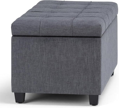 SIMPLIHOME Sienna Storage Ottoman Bench - 33 inch Wide Upholstered Linen Look Fabric Rectangle Storage Ottoman Bench in Dove Grey, Transitional Tufted Ottoman for Living Room or Entryway with Lift Top