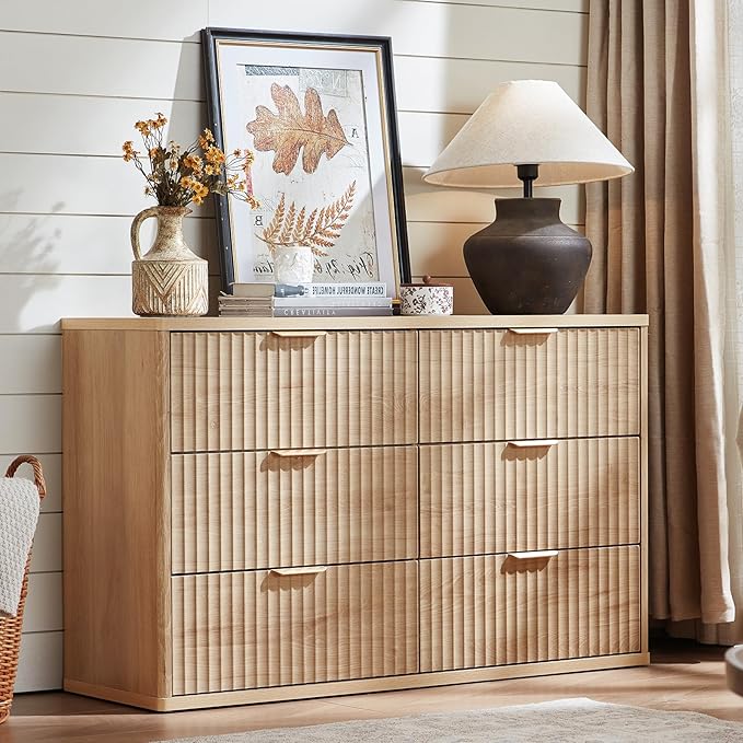 LEYAOYAO Fluted 6 Drawers Dresser, 48" Wide Modern Chest of Drawers with Woodgrain Top, Curved Profile Design, Dresser TV Stand, Wood Drawer Organizer for Bedroom, Living Room, Hallway,Wood