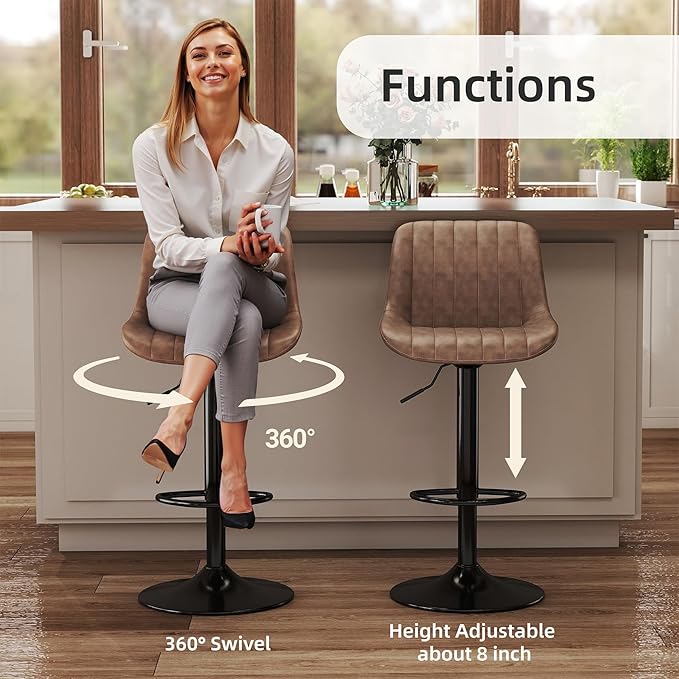 Youhauchair Bar Stools Set of 2, Swivel Counter Height Barstools with Back, Adjustable PU Leather Bar Chairs, Modern Armless Kitchen Island Stool, Light Brown